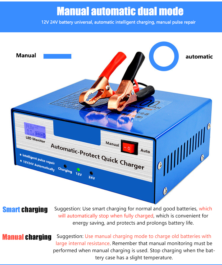 Manual Automotive Battery Charger With Multiple Protections And Functions