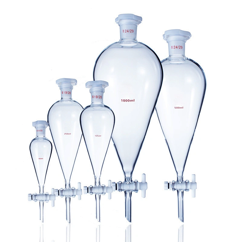 Seperatory funnel pear shape with ground in glass or plastic stopper with glass stopcock or PTFE stopcock