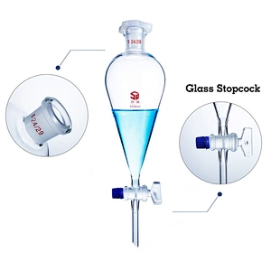 Seperatory funnel pear shape with ground in glass or plastic stopper with glass stopcock or PTFE stopcock