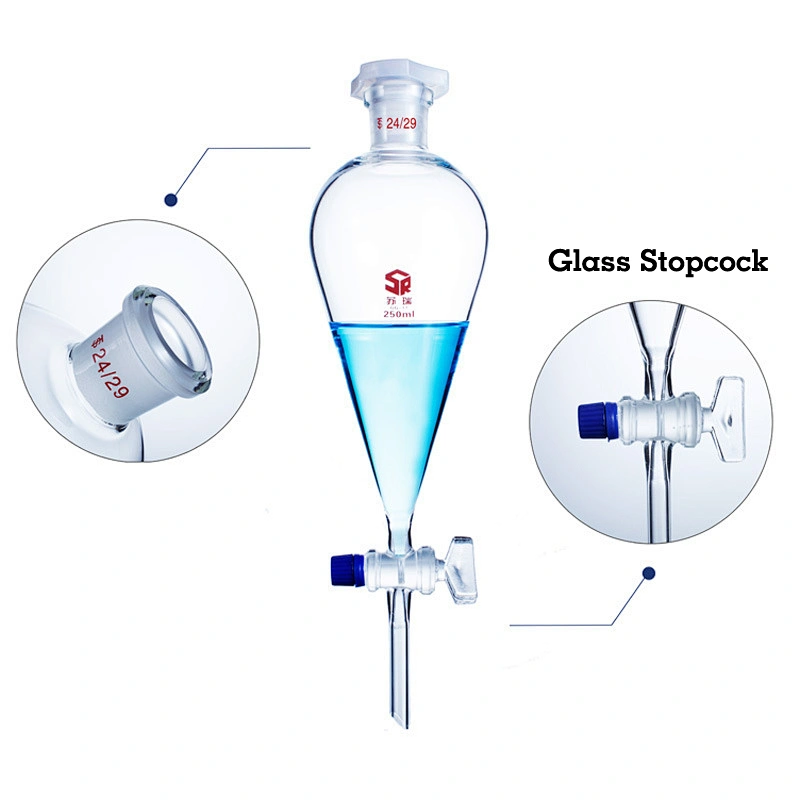 Seperatory funnel pear shape with ground in glass or plastic stopper with glass stopcock or PTFE stopcock