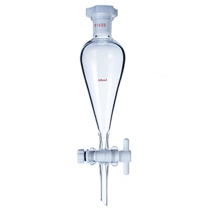 Seperatory funnel pear shape with ground in glass or plastic stopper with glass stopcock or PTFE stopcock