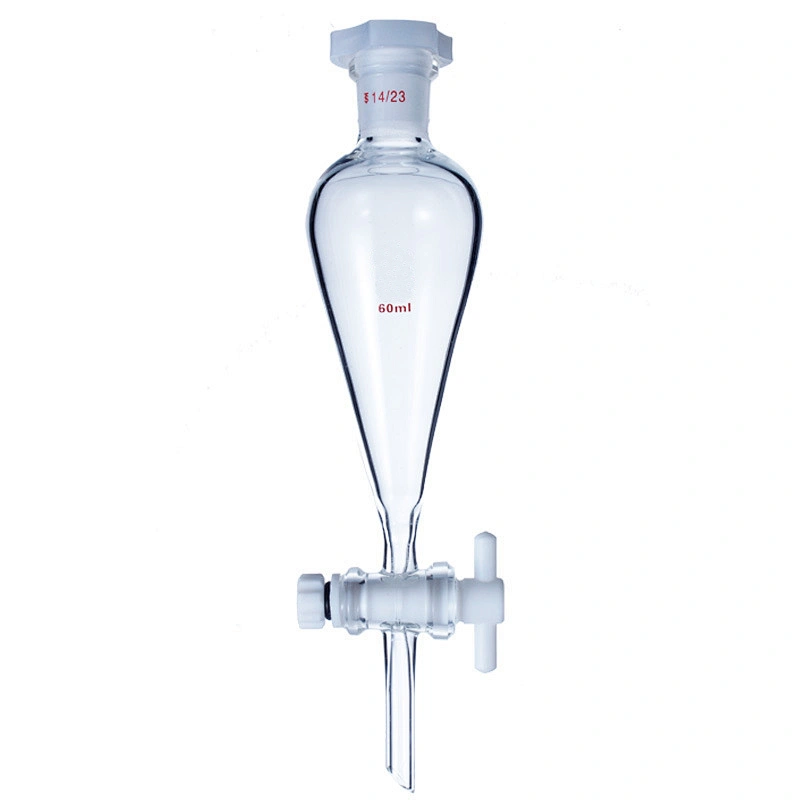 Seperatory funnel pear shape with ground in glass or plastic stopper with glass stopcock or PTFE stopcock