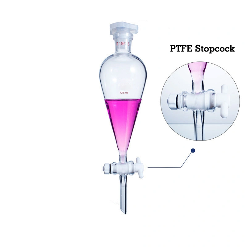Seperatory funnel pear shape with ground in glass or plastic stopper with glass stopcock or PTFE stopcock