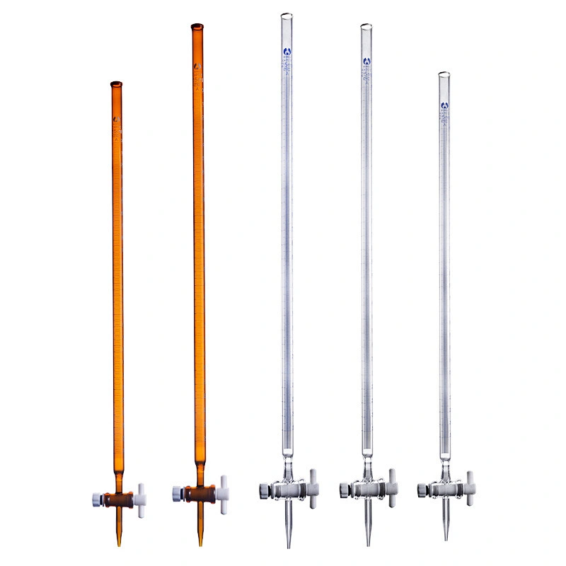 Burette  transparent glass with blue line or white line with straight PTFE stopcock class A