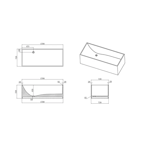 BA003 is a modern rectangular freestanding bathtub with a capacity of 332L and dimensions of 1700*720*550mm. The simple geometric shape and the perfect combination of the solid surface material create a refined and unified bathroom space.
